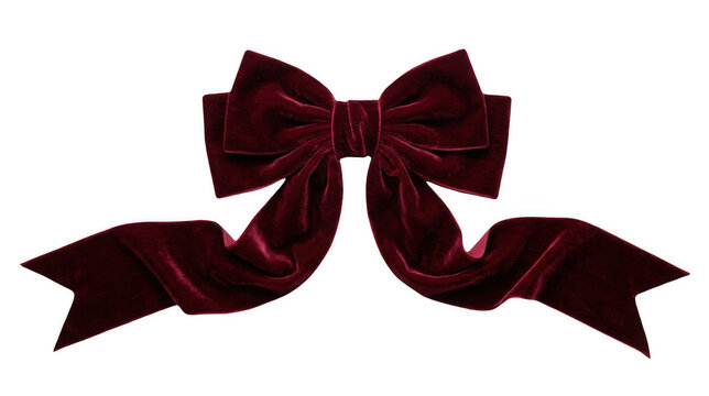 Deep red velvet bow with wide flowing ribbons on.
