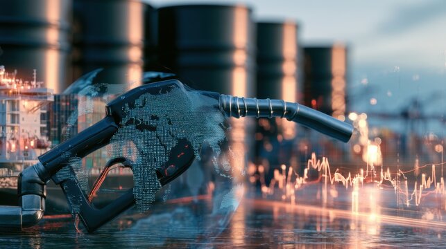 Digital concept of fuel pump nozzle with world map illustration and oil barrel background representing global energy market and fuel economy trends