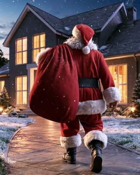 Santa walks home at night, snow falling softly. Large sack of gifts swings behind him, heavy with joy. Warm lights glow from windows, welcoming his return. Path glistens under moon