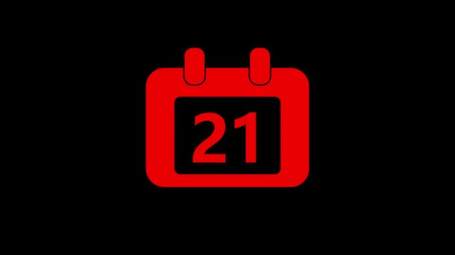 Red calendar with number 21 animation on black background, for scheduling and, deadline concepts, date twenty-one