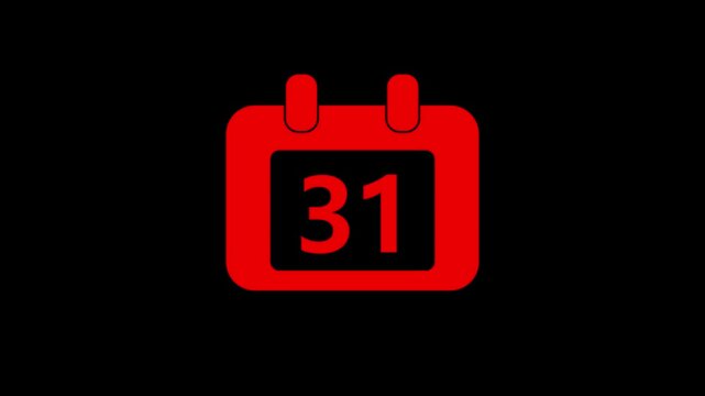 Red calendar with number 31 animation on black background, for monthly planning, and deadline concepts