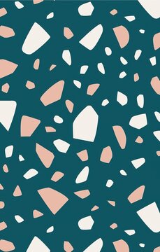 Teal terrazzo texture background. Large chip surface of peacock green base sheet for luxury interior design, tropical branding and hotel branding. Pink white fragment pattern tropical luxe material fo