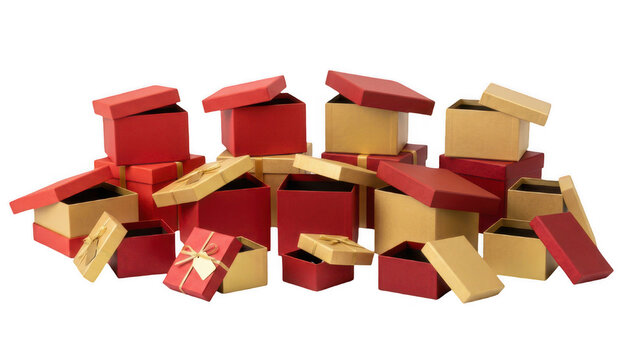Assortment of open and closed red and gold gift boxes creating a festive display.
