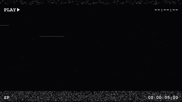 VHS Tape Playback Overlay with Running Timecode, Static Tracking Noise, and Play Indicator on Black Background for Retro Video Compositing