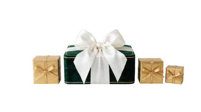 Set of gold gift boxes with a large green velvet box and white ribbon bow.