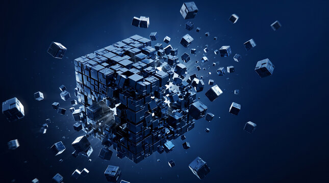 Abstract digital concept of a large cube disintegrating into smaller metallic blocks, representing data fragmentation or technological breakdown