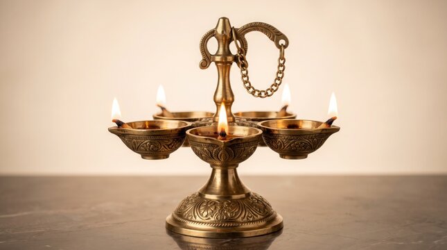 Traditional brass oil lamp or panch aarti diya with five burning wicks, used for hindu religious rituals and festivals like diwali, placed on a dark surface against a neutral background