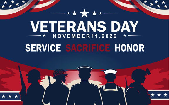 Veterans Day 2026 design featuring military service silhouettes, American flag elements, stars, and bold typography honoring service, sacrifice, and dedication.