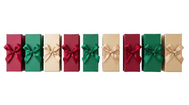 A row of colorful gift boxes with ribbons in red, green, and gold perfect for celebrations and holidays.