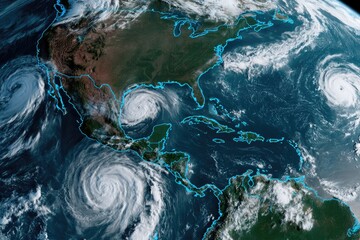 Naklejka premium Satellite image showing multiple hurricanes forming over the Atlantic Ocean and Gulf of Mexico near North and Central America.
