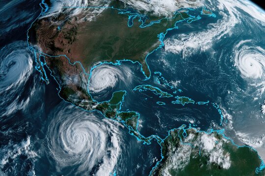 Satellite image showing multiple hurricanes forming over the Atlantic Ocean and Gulf of Mexico near North and Central America.