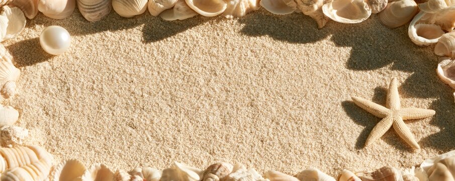 A sandy beach border framed with assorted seashells, a pearl, and a starfish, creating a natural and serene coastal scene.