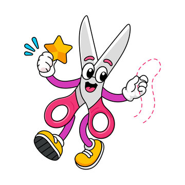 A cheerful scissors character runs while snipping along a dotted curved path, with a star accent, white gloves, sneakers, and a smiling face. Playful.
