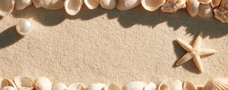 A sandy beach frame bordered by various seashells and a starfish on the right side, casting soft shadows in sunlight.