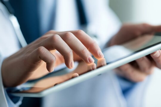 Close up of doctor hands using digital tablet in medical office