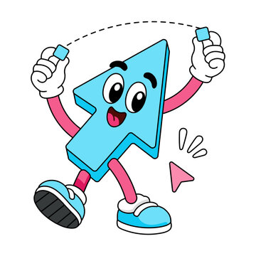 A smiling blue cursor arrow character stretches a dotted curved selection path between both hands, wearing gloves and colorful sneakers. Playful.