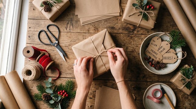 Hands wrapping holiday gifts on table