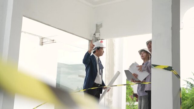 Architect points toward ceiling structure while construction worker follows discussion during inspection and coordination meeting at unfinished building site.