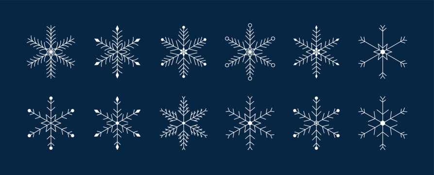 Snowflake line art icon set. Elegant winter ornament for holiday cards, Christmas decor or seasonal patterns. Vector set