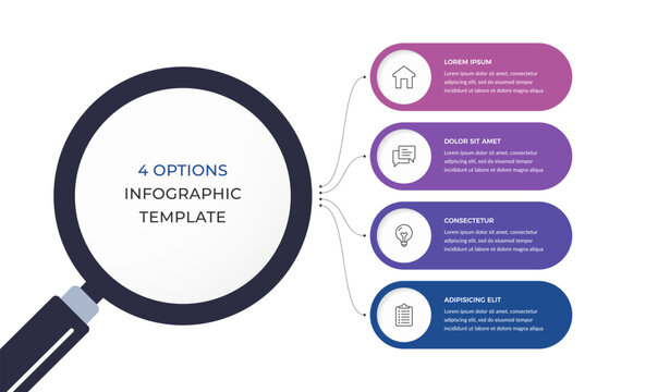 Infographic template with magnifying glass linked by curved lines to four banners arranged vertically