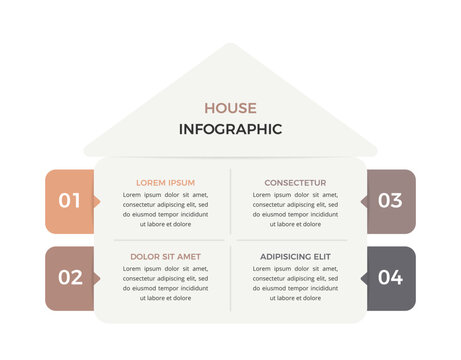 House shaped infographic template with central square divided into four elements with text placeholders