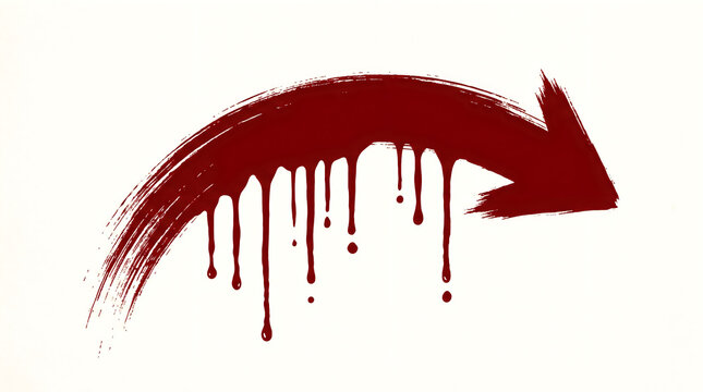 Curved arrow graphic design featuring dark red paint drips and messy brush strokes isolated cleanly on white background