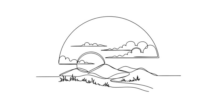 Continuous single line drawing of sunset over mountain landscape with clouds and grass field