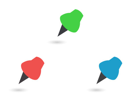 Three colorful push pins and shadows isolated on a transparent background