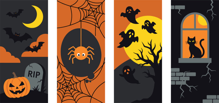 Halloween vertical banners set with spooky elements including jack o lantern pumpkin ghosts spider black cat bats and graveyard