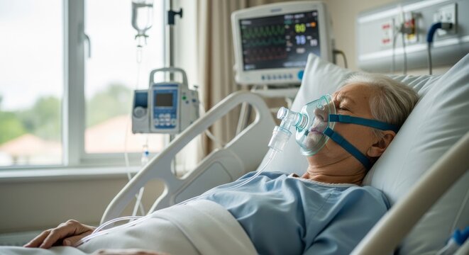 Senior woman patient in hospital bed wearing oxygen mask with medical monitoring equipment nearby.