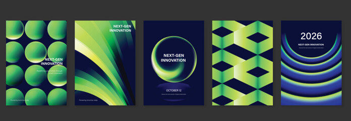 Obraz premium Futuristic vector poster collection with neon green gradients, geometric patterns and dark technology cover designs