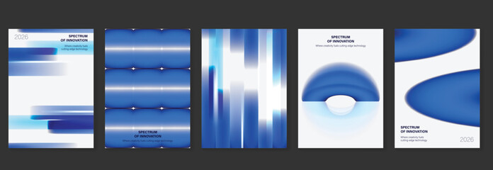Naklejka na ściany i meble Modern vector blue gradient poster collection with blurred bars, smooth waves and minimal technology cover layouts
