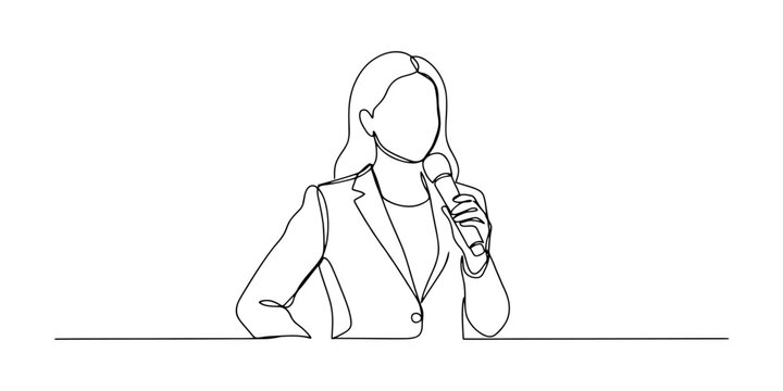 Continuous single line drawing of a business woman holding a microphone and speaking