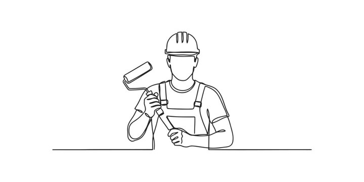 Continuous line drawing of a construction worker holding a paint roller tool