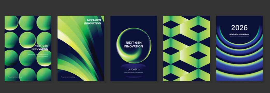Futuristic vector poster collection with neon green gradients, geometric patterns and dark technology cover designs