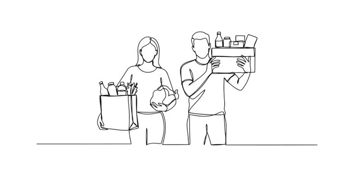 Continuous line drawing of a man and a woman holding grocery bags and a box of food