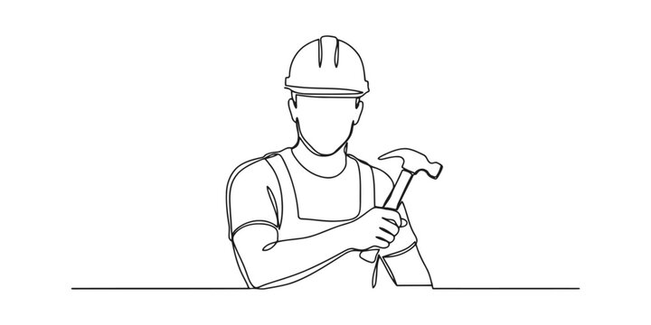 Continuous one line drawing of a construction worker holding a hammer wearing a hard hat