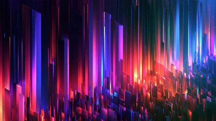 Naklejka na ściany i meble Abstract vertical glowing light bars in vibrant blue red purple shades creating futuristic technology cityscape digital background
