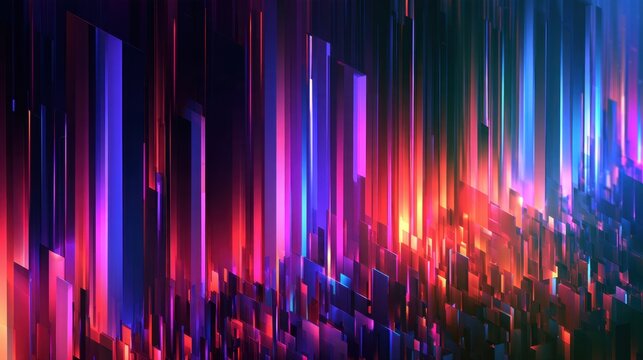 Abstract vertical glowing light bars in vibrant blue red purple shades creating futuristic technology cityscape digital background