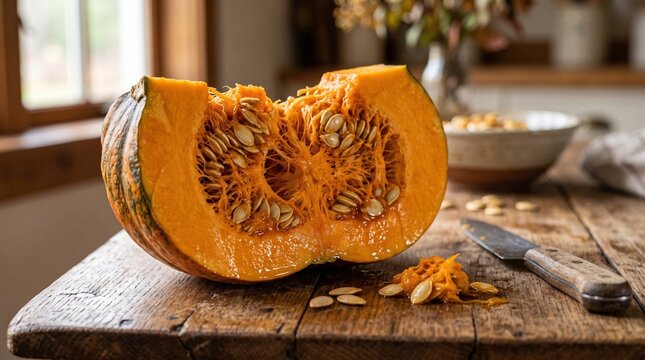 Fresh cut pumpkin slice with seeds on a rustic wooden kitchen table