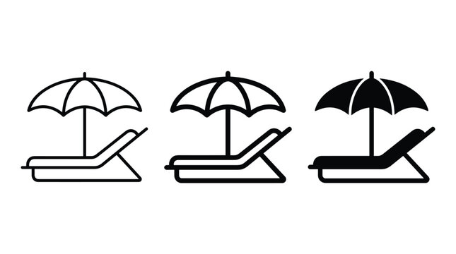 Beach chair with umbrella vector icons in outline medium stroke and glyph styles for summer holiday and resort leisure design layouts.