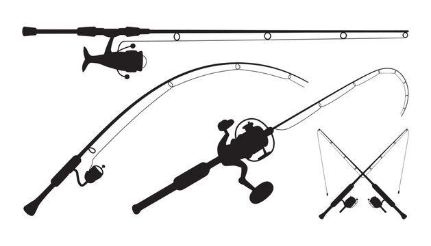 Fishing rod and reel silhouette set, spinning rod, baitcasting setup, fly fishing pole, crossed rods icons, angler sport, outdoor recreation

