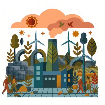 Flat illustration of clean manufacturing factory representing sustainable industry and green business