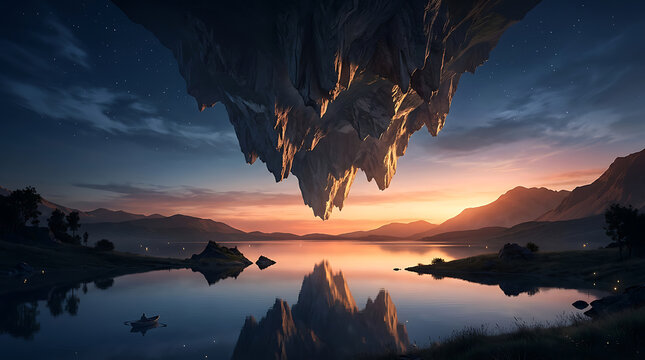 Surreal floating inverted mountain peak above a calm lake at sunset with reflection