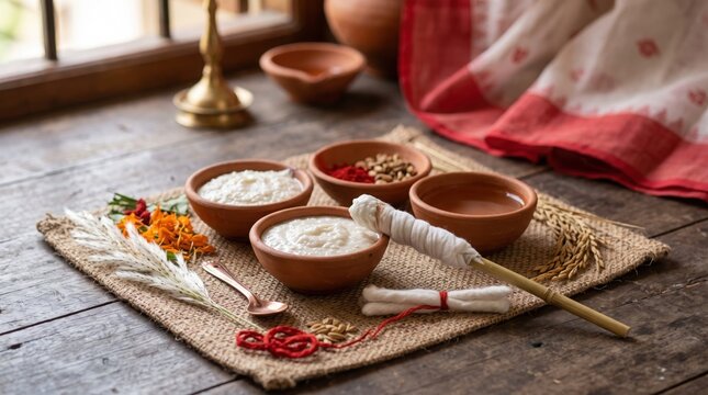 Traditional assamese bihu festival arrangement with bowls of curd, flattened rice, jaggery, marigold flowers, and a traditional gamosa cloth on a rustic wooden surface