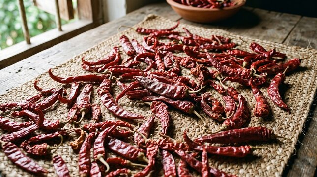 Many dried red chili peppers spread out to dry on a rustic wooden table by a window