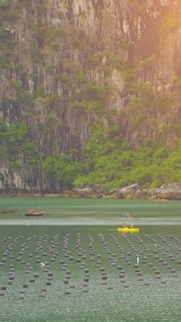 Tourists kayaking through an oyster pearl farm and lush green limestone mountain in Ha Long Bay, Vietnam