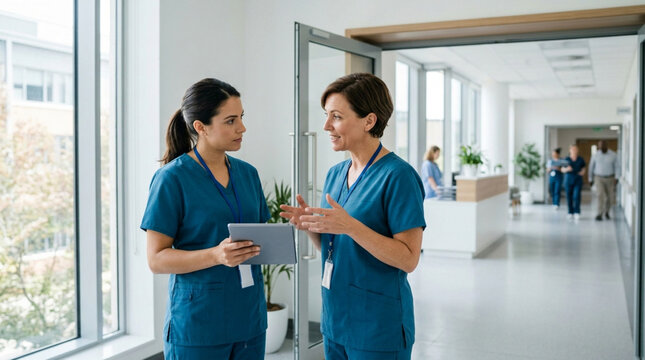 Two female nurses in blue scrubs discussing patient care in a hospital hallway.