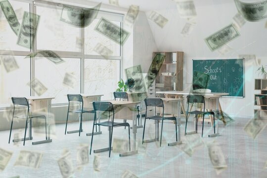 Education funding and school budget crisis, empty classroom with falling money and financial charts economic challenges in public schools