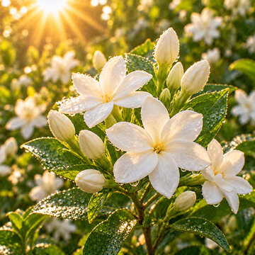 Delicate white jasmine blossoms and unopened buds covered in sparkling dew, surrounded by glossy green leaves and illuminated by soft golden-hour sunlight.